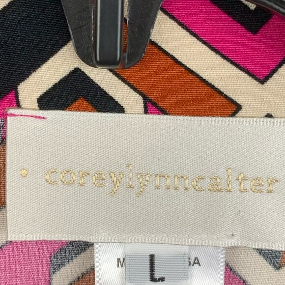 Anthro Corey Lynn Calter Shirt Dress Size Large Pink Geometric Print Tiered - Picture 8 of 11